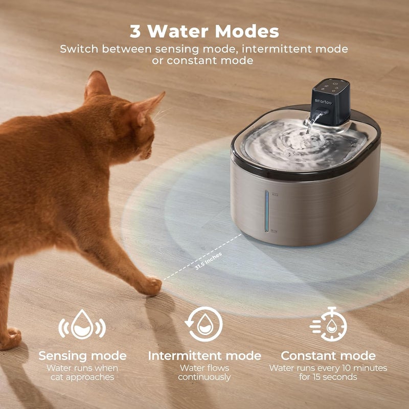 smartoo Wireless Cat Water Fountain Stainless Steel, 152oz/4.5L Cat Fountain Battery Operated, Cordless Pet Water Fountain for Cats & Dogs with Motion Sensor, Ultra Quiet Pump, Multi-Filtration - Image 3